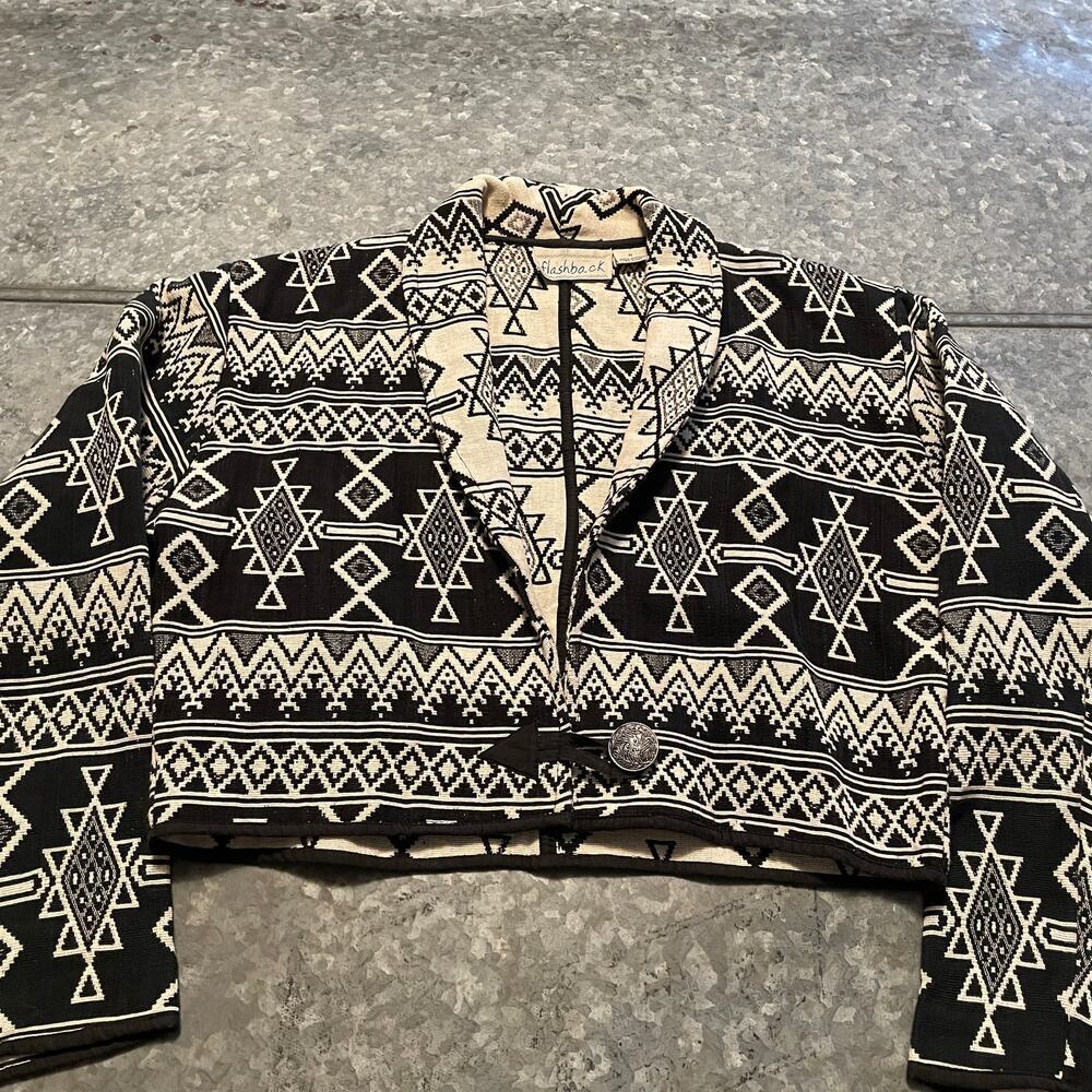 Vintage Flashback Southwestern Boho Cropped Jacket Medium Black White Western